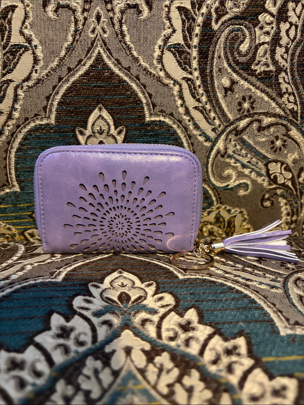 Lilac Laser-Cut Leather Wallet with Tassel Keyring